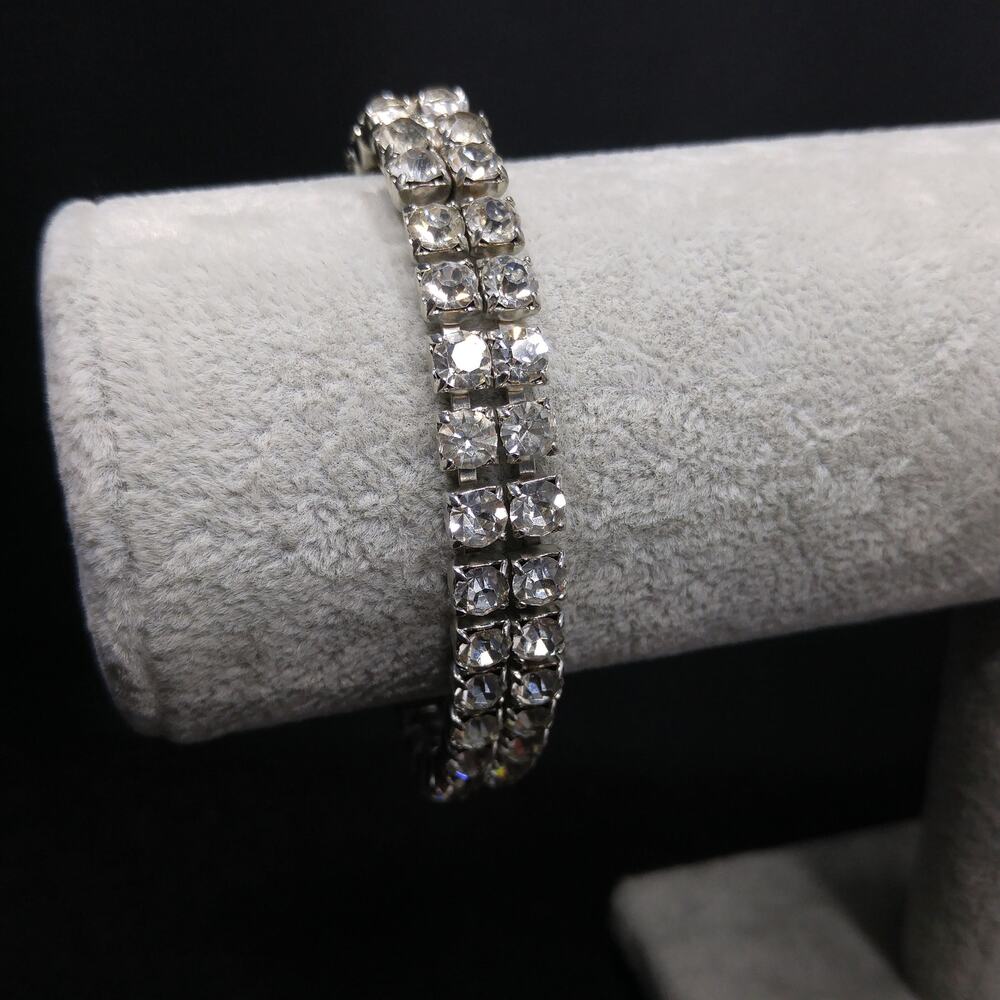 Vintage Clear Rhinestone Double Strand Bracelet, Silver Tone, 1960s